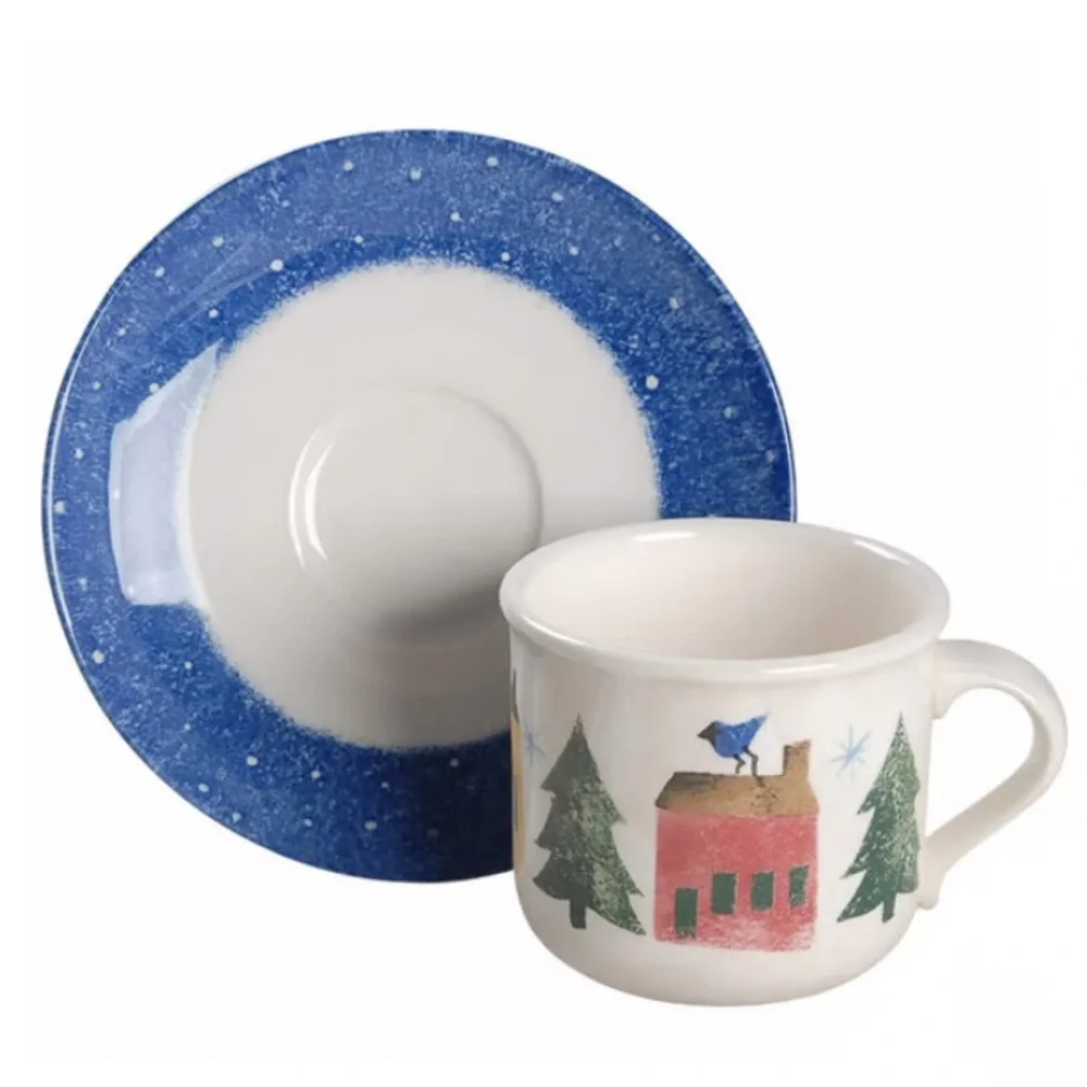 Rare HTF Vtg Flat Cup & Saucer Set Winter Wonderland by NIKKO - Set of two each.